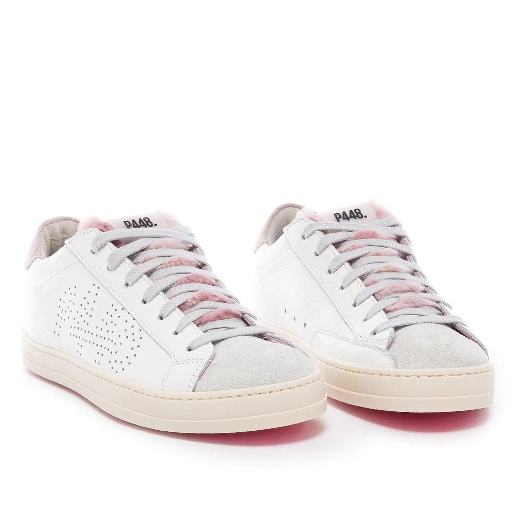 P448 Women's White and Pink Lace-Up Sneakers
